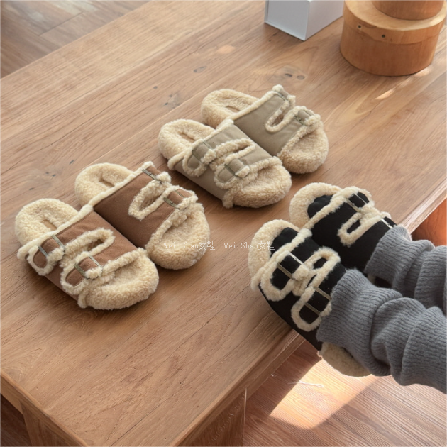 毛毛拖鞋厚底毛绒露趾棉拖鞋