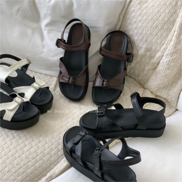 韩国东大门25春夏新款简约皮带扣露趾百搭增高厚底一字罗马凉鞋女,女鞋,休闲凉鞋,淘宝优惠券,粉丝福利购,淘宝优惠卷