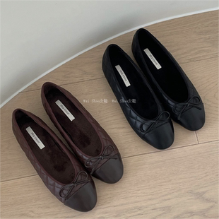 甜美蝴蝶结晚晚风玛丽珍加绒浅口一脚蹬平底鞋 韩国东大门代购 冬季