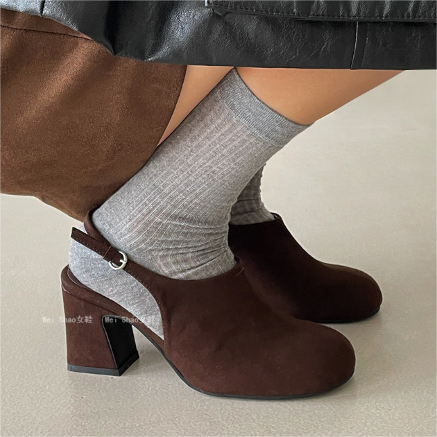 绒面圆头粗跟包头单鞋高跟鞋