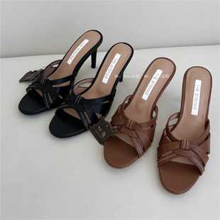 交叉编织真细带细高跟一脚蹬露趾凉拖鞋 法式 26夏季 韩国东大门代购