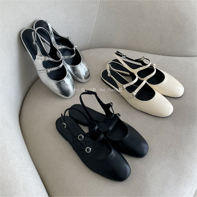 韩国东大门代购春夏法式气质皮带扣镂空后绊带包头凉鞋银色平底鞋