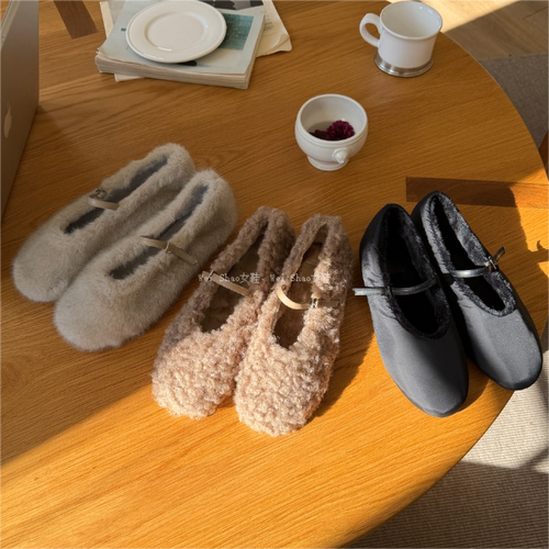 加绒保暖气一字带玛丽珍平底鞋