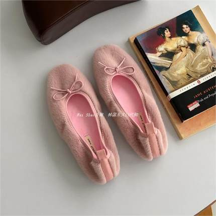 韩国东大门代购甜美蝴蝶结加绒芭蕾舞风平底浅口一脚蹬玛丽珍单鞋