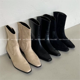 韩国东大门代购秋冬新款时尚简约绒面侧拉链小方头低跟时装短靴女