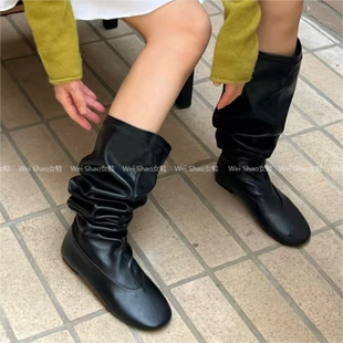 韩国东大门代购25秋冬慵懒软皮褶皱堆堆靴套筒圆头高筒长靴时装靴