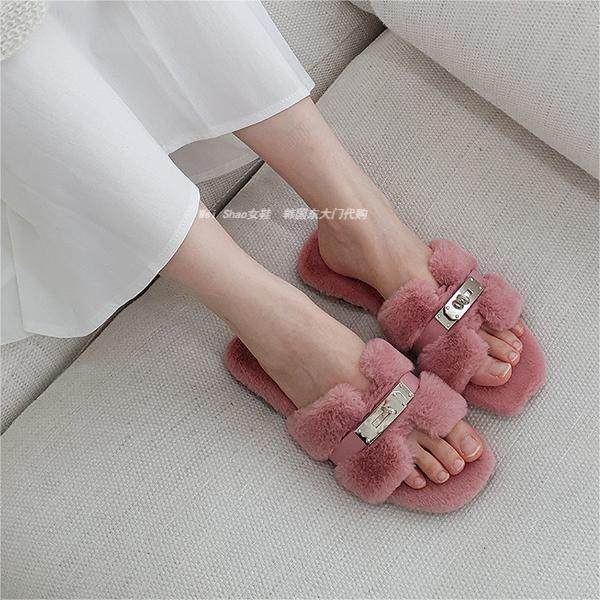 2024秋冬款气质法式小香风金属扣露趾平底毛毛拖鞋一字带居家棉拖,女鞋,一字拖,淘宝优惠券,粉丝福利购,淘宝优惠卷