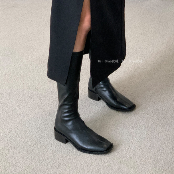 韩国东大门简约弹力皮显瘦瘦瘦靴粗跟侧拉链小方头时装百搭中筒靴,女鞋,时装靴,淘宝优惠券,粉丝福利购,淘宝优惠卷