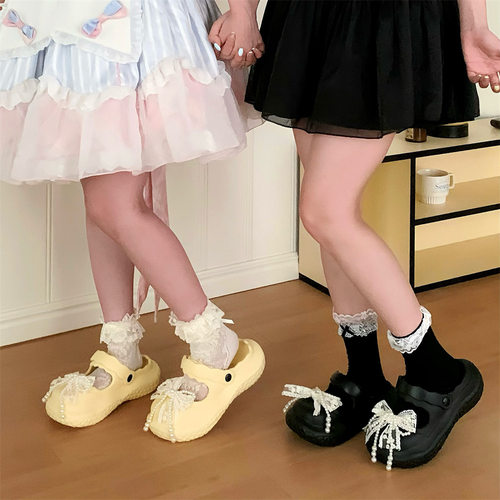 珍珠蝴蝶结度假2025新款凉鞋网红软萌女士ins包头拖鞋lolita鞋夏