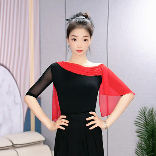 摩登舞新款舞蹈服上衣斜肩飘纱中袖形体练功服国标舞上衣交谊舞
