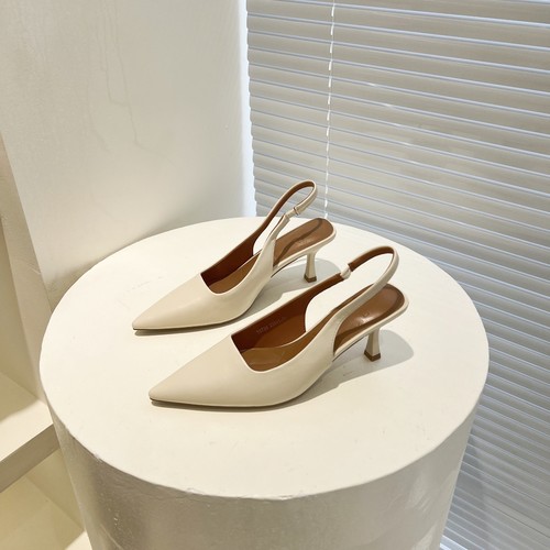 悦薇高品质女鞋新款小众浅口凉鞋女猫跟尖头高跟鞋一字带后空纯色