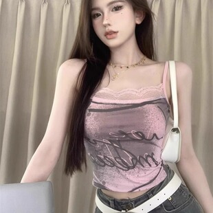 甜辣妹蕾丝拼接短款吊带背心女款夏新款扎染设计感小众打底衫上衣