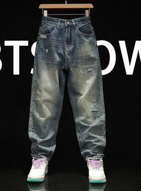 秋冬牛仔裤男式大码宽松修身型直筒长裤潮流补丁破洞不破复古男裤