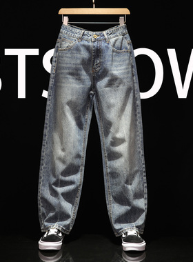 26春秋直筒牛仔裤男士大码宽松休闲潮流美式街头复古蓝色中腰长裤
