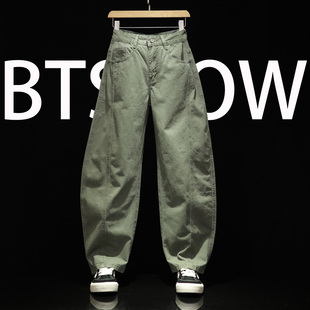 男式 青春潮流绿色香蕉长裤 直筒弯刀裤 休闲裤 宽松大码 春全棉牛仔裤