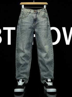 春夏薄款牛仔裤男士直筒微锥型大码修身休闲裤潮牌痞帅男装哈伦裤