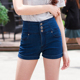 海让路高腰牛仔短裤 三排扣翻脚显瘦松紧腰2025深蓝轻薄清仓 女夏季