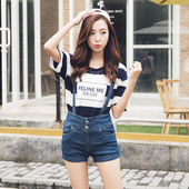 海让路高腰背带牛仔短裤 显瘦可拆卸吊带翻边深蓝清仓 女2025夏薄款
