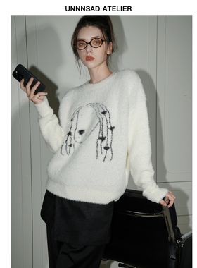 UNNNSAD 手绘爱心小狗软糯绒感慵懒休闲宽松圆领套头针织毛衣