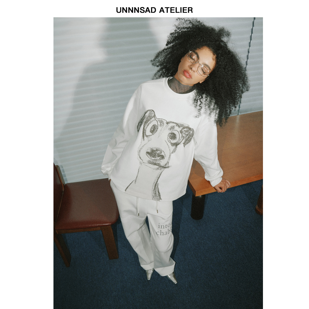 UNNNSAD 手绘灵缇狗狗印花长袖宽松卫衣双纱棉加绒圆领松弛感上衣