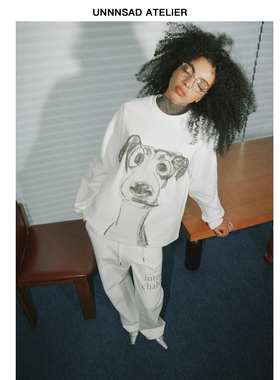 UNNNSAD 手绘灵缇狗狗印花长袖宽松卫衣双纱棉加绒圆领松弛感上衣