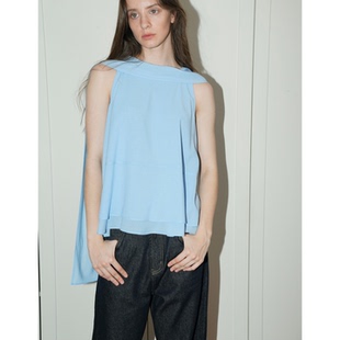 无袖 UNNNSAD 飘带气质款 光泽感双层摆法式 背心上衣 亚麻醋酸