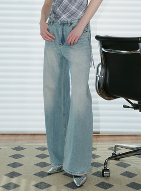 UNNNSAD 高支棉复古水洗冰蓝Straight阔腿无缝走线牛仔直筒宽脚裤