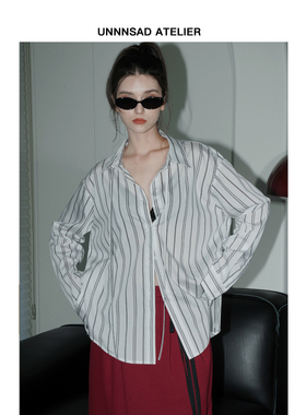 UNNNSAD 进口天丝棉系带宽松落肩衬衣 知识分子条纹慵懒感衬衫女