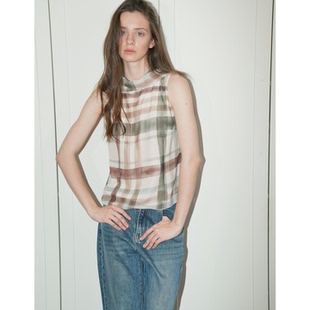 无袖 UNNNSAD 柔美轻盈夏季 法式 背心吊带雪纺上衣女 格纹飘带领