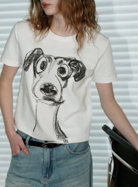UNNNSAD 铅笔素描手绘狗狗印花宽松百搭上衣正肩圆领短袖t恤女