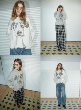 UNNNSAD廓形剪裁连帽休闲卫衣秋冬新款宽松素描灵缇狗狗印花上衣