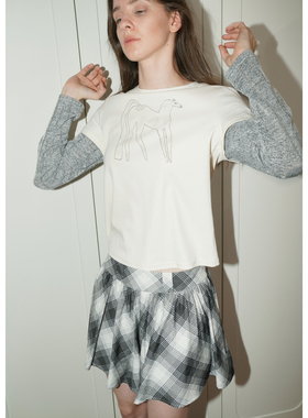 UNNNSAD 小马印花假两件叠穿拼接袖T恤 灰色镂空袖圆领上衣女