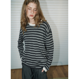 UNNNSAD 巴素兰羊毛扬子纱 垂感打底T恤柔雾感撞色慵懒条纹针织衫