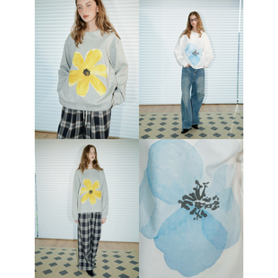 UNNNSAD 手绘花卉复古印花圆领可露丽挺括休闲套头卫衣 双面棉感