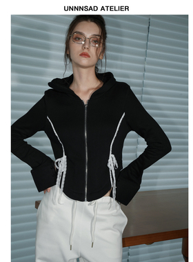 UNNNSAD 秋冬法式芭蕾风蕾丝修身款灰色连帽拉链加绒卫衣2024
