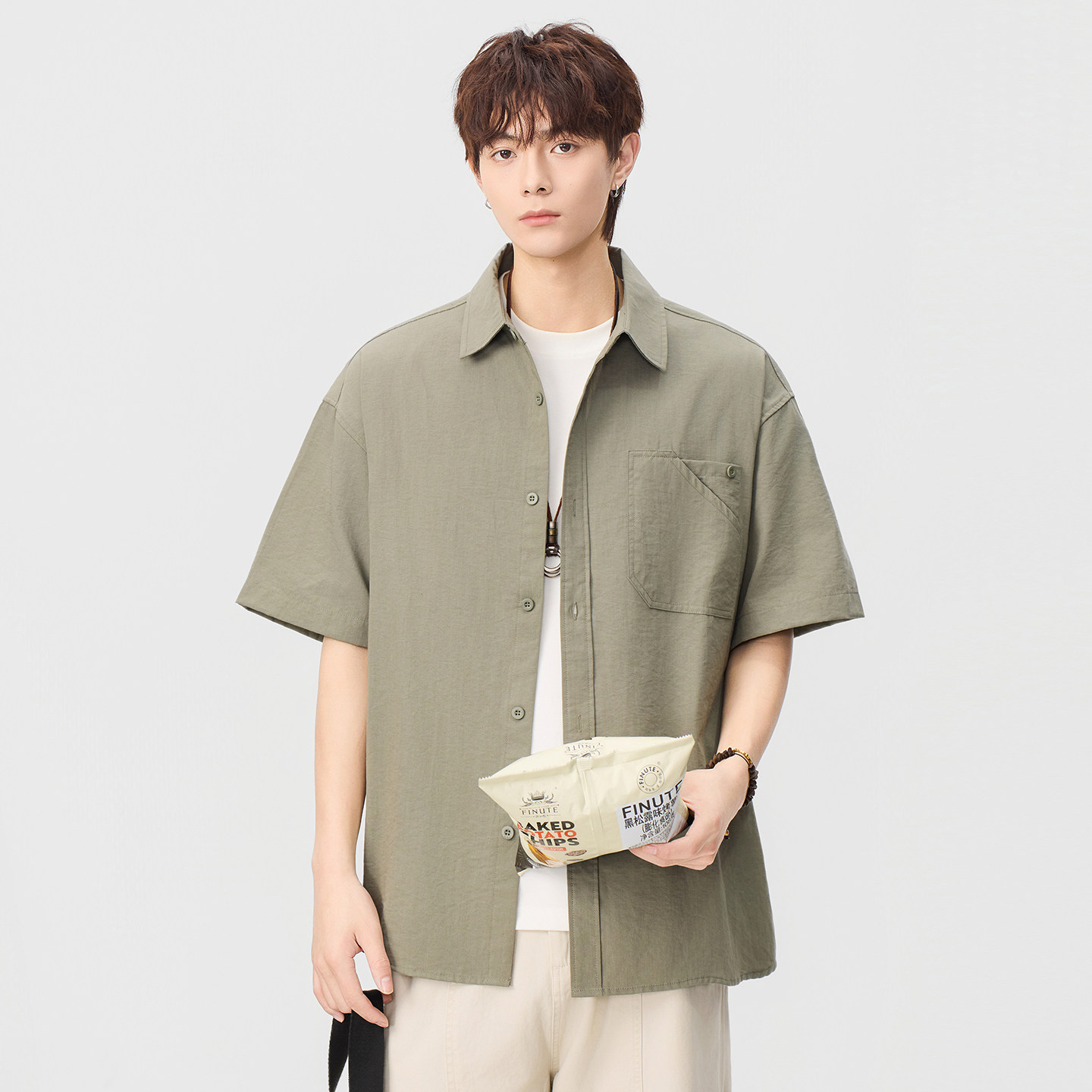 男士翻领2026夏季新款潮流百搭休闲衬衣外套宽松日系复古短袖衬衫