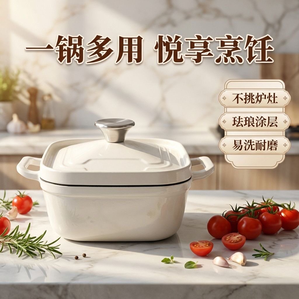 出口方形珐琅铸铁18㎝炖锅汤锅平底一人食搪瓷焖煮炖煎锅不挑灶具