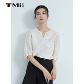女装 天谜刺绣优雅小衫 TMi252030 简约雪纺衫 2025夏季 V领中袖 时尚