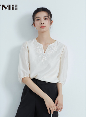 天谜刺绣优雅小衫V领中袖时尚简约雪纺衫2025夏季女装TMi252030