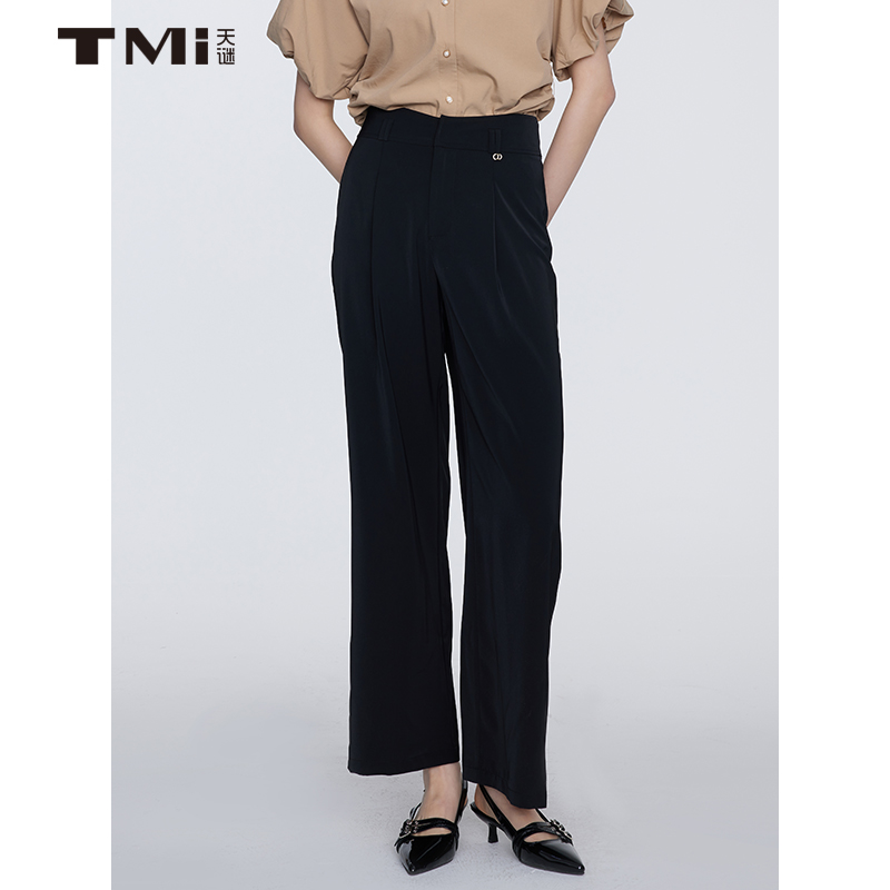 天谜黑色通勤高腰直筒裤