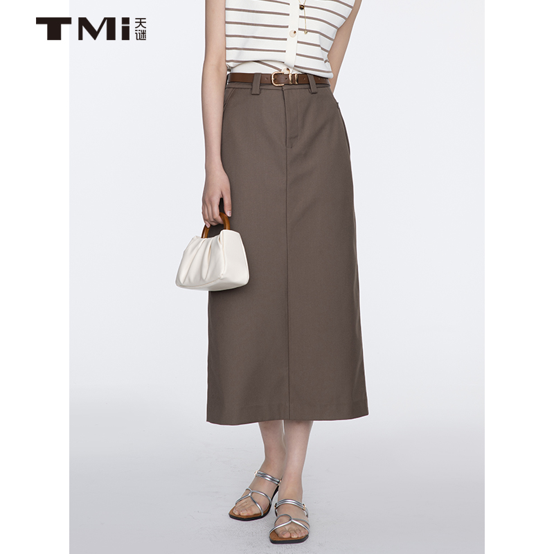 天谜高腰开叉直筒裙西装裙