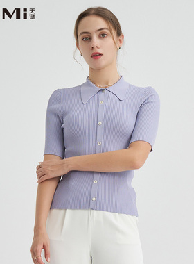 天谜针织衫纯色修身小翻领简约毛织短袖2023春季女装TMi231120