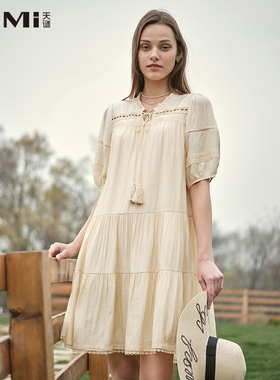 天谜连衣裙流苏系带复古风镂空中长裙2023夏季女装TMi232173