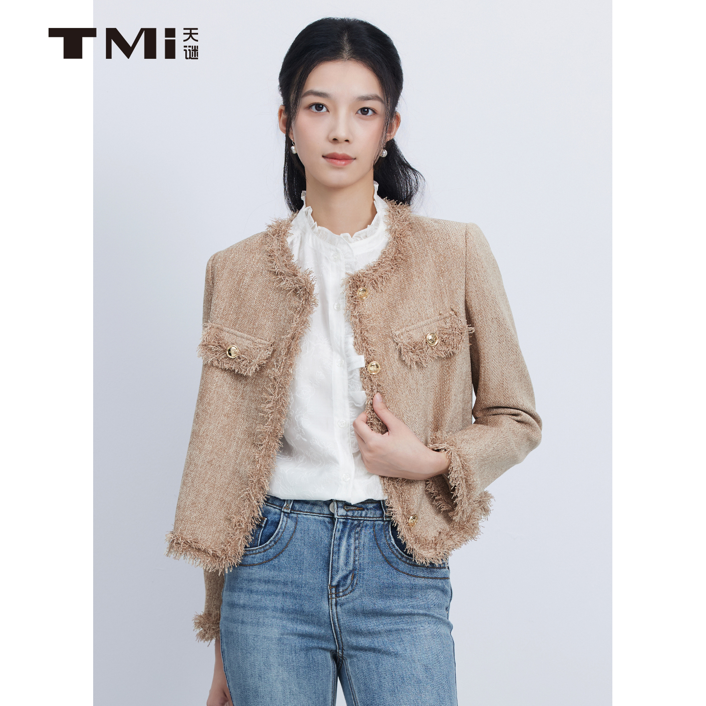 天谜拉毛拼接时尚小香风外套