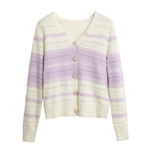 天谜针织衫温柔撞色柔软单排扣条纹毛衣2024春季女装TMi241035