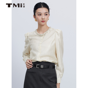 天谜重工珍珠衬衫优雅时尚长袖雪纺衫2025秋季女装新品TMi253021