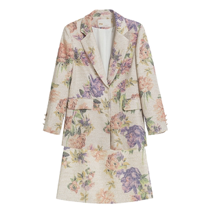 天谜西装亚麻料花卉复古外套半身裙上下装2024春季女装243102