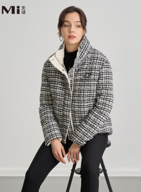 天谜羽绒服黑白格小香风加厚立领上衣2023冬季女装TMi234004