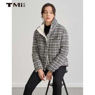天谜羽绒服黑白格小香风加厚立领上衣2023冬季女装TMi234004