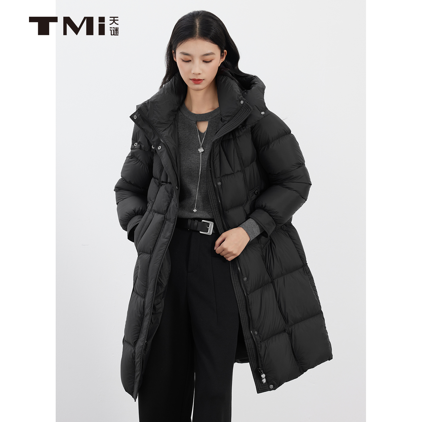 天谜鸭绒加厚连帽长款保暖羽绒服